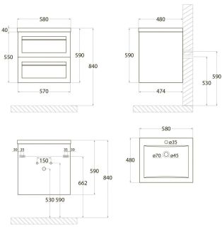 Подвесная тумба под раковину Art&Max Platino 58см светло-серый матовый AM-Platino-580-2C-SO-GCM