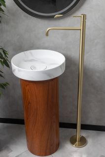 Накладная раковина с пьедесталом золото Armadi Art Sole Corian 801-CLCT+801-Base-Rwood Calacatta/красное дерево