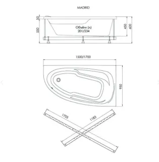 Акриловая ванна 1ACReal Мадрид Щ0000045645 правая обрезанная 170x95 см белый