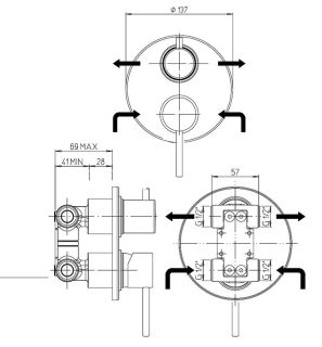 Встраиваемый смеситель для ванны Paini Cox 78PZ6911 с дивертором на два выхода чёрный матовый