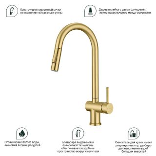 Смеситель для кухни Splenka S204.49.03 с выдвижным изливом золотой сатин