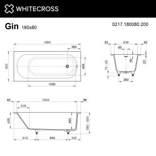 Ванна из искусственного камня WHITECROSS Gin 0217.180080.200 180x80 см белый матовый