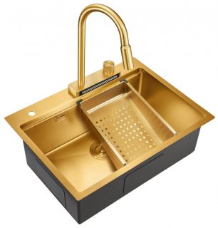 Мойка для кухни Milacio Denia 68 Steel MC.77418 в комплекте со смесителем и коландером брашированное золото