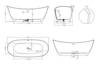 Ванна из искусственного камня Salini Noemi S-Stone 101722MRH 170x75см RAL снаружи