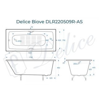 Ванна чугунная Delice Biove DLR220509RB-AS 170х75 с черными матовыми ручками