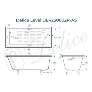 Ванна чугунная Delice Level DLR230602R-AS 170х75 с отверстиями под ручки и антискользящим покрытием