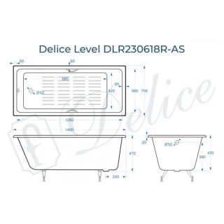 Ванна чугунная Delice Level DLR230618R-AS 140х70 с отверстиями под ручки и антискользящим покрытием