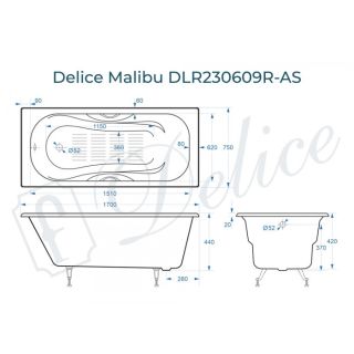 Ванна чугунная Delice Malibu DLR230609R-AS 170x75 с отверстиями под ручки и антискользящим покрытием