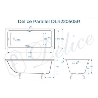 Ванна чугунная Delice Parallel DLR220505RB 170х70 с черными матовыми ручками