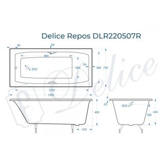 Ванна чугунная Delice Repos  DLR220507RB 150х70 с черными матовыми ручками